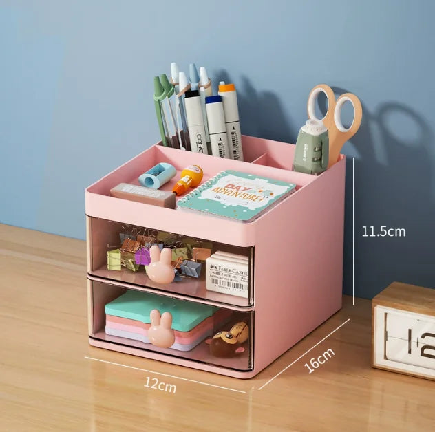 2-Tier Plastic Desk Organizer with Drawers & Divided Top Tray for Home Office or Vanity