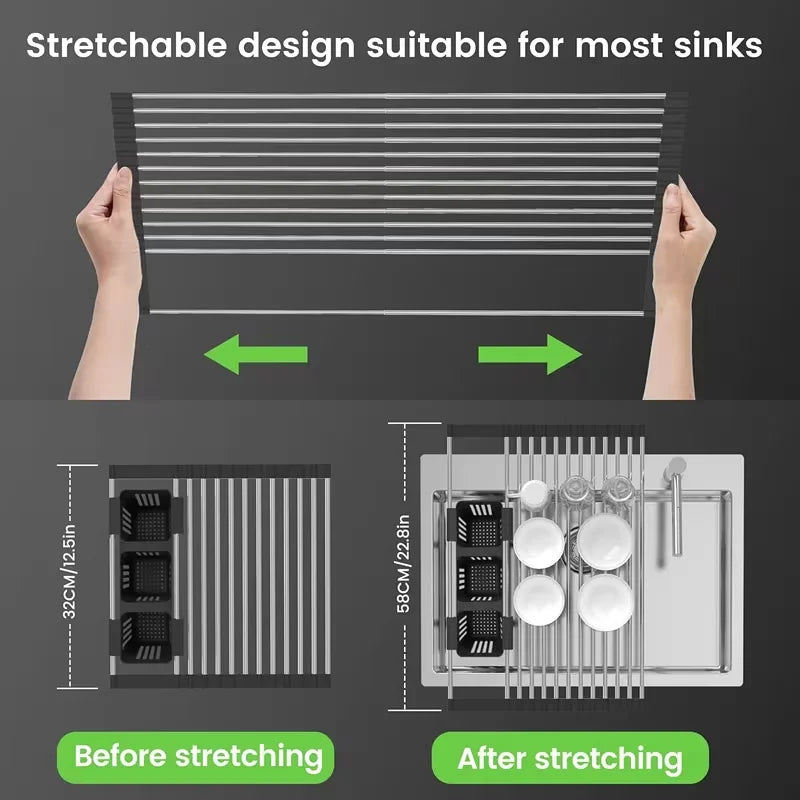 Expandable Stainless Steel Over-Sink Drying Rack with Cutlery and Sponge Holders for Kitchen Organization