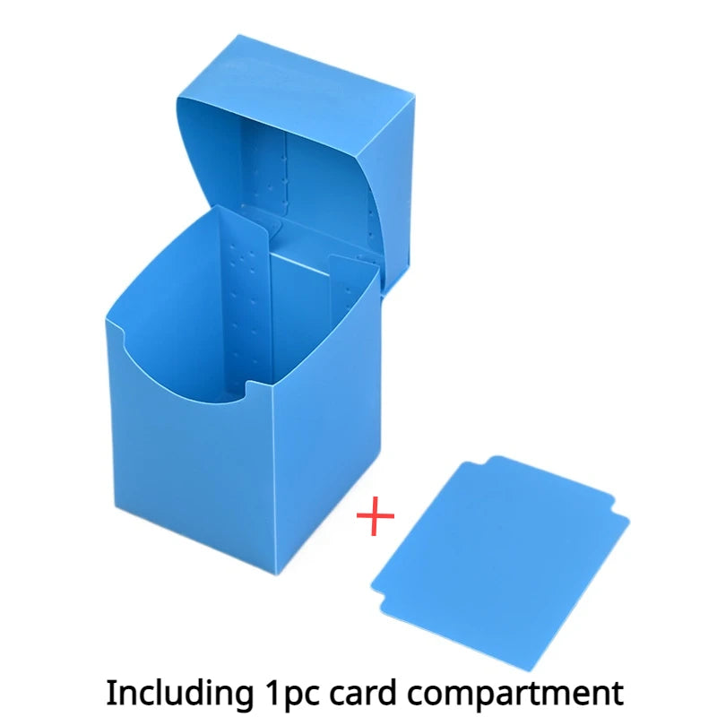 Open blue card storage box with included divider shown separately