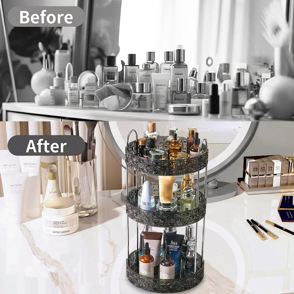 Before and after view of bathroom counter clutter, after organized with a multi-tier rotating shelf