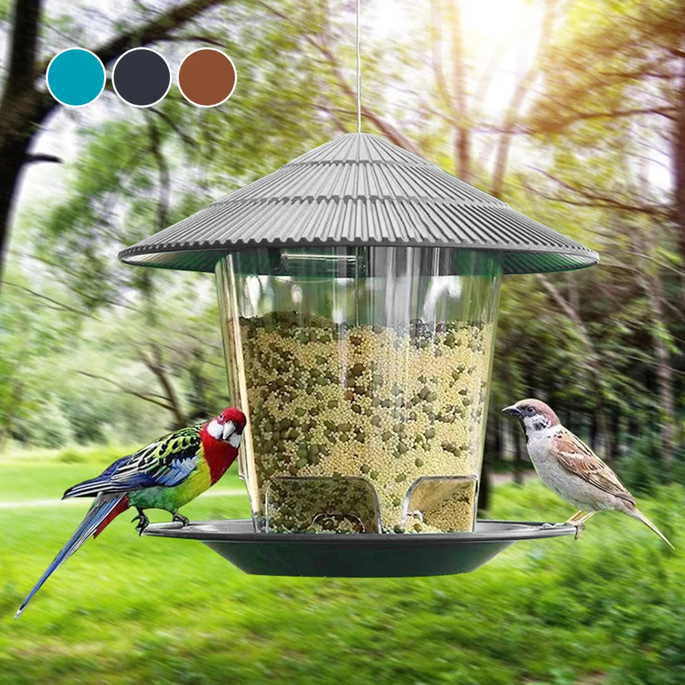 Gray plastic hanging bird feeder filled with seeds, two birds perched outdoors, color options in top left corner