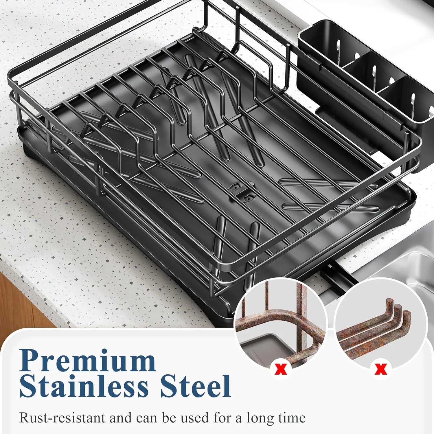 Large Iron Dish Drying Rack with Drainboard and Utensil Holder