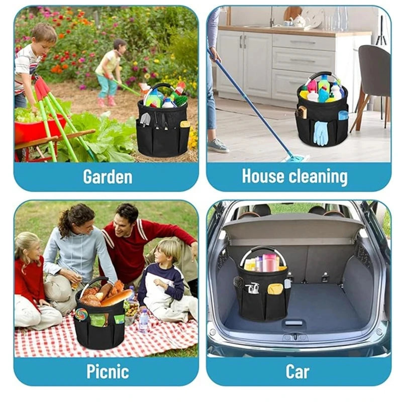 Foldable Canvas Storage Basket with Pockets for Cleaning, Garden, or Picnics