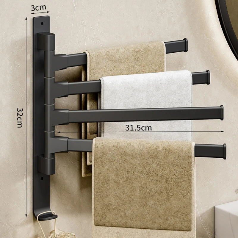 Wall-Mounted Rotating Aluminum Towel Rack for Bathroom or Kitchen – 2 to 5 Bars, Space-Saving Hanger in Black, Gray, or White