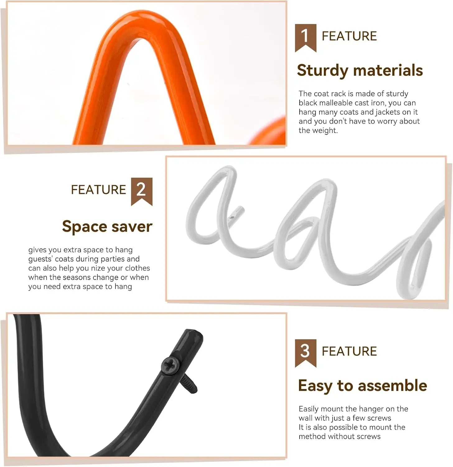 Close-up of colorful wave hooks showing sturdy metal construction, black and orange hooks, and space-saving design details