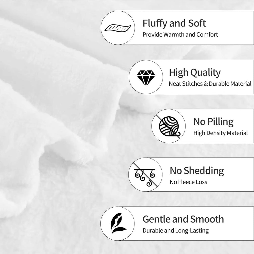 Detail showing fluffy and soft white flannel fabric with text callouts for quality features