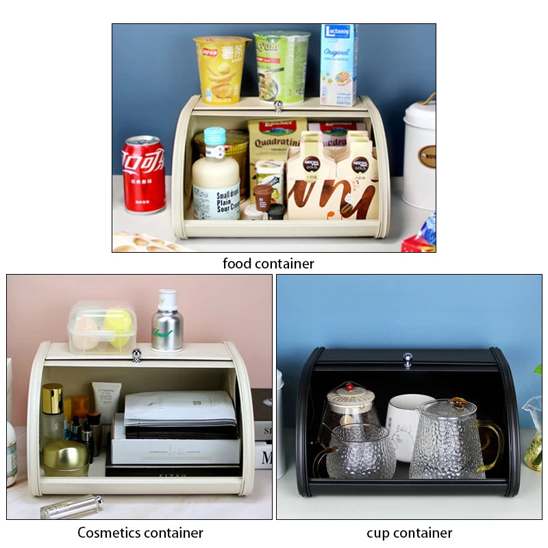 Bread boxes used as food, cosmetics, and cup containers in three variations