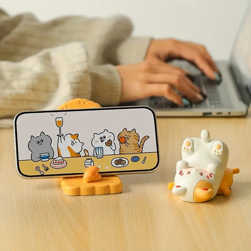 Playful Cat Eyeglass & Phone Stand – White Kawaii Desk Buddy