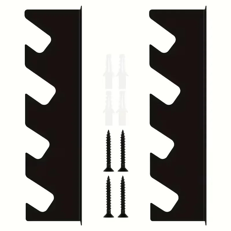 Two black metal tool rack brackets with included screws and wall anchors displayed on a white background
