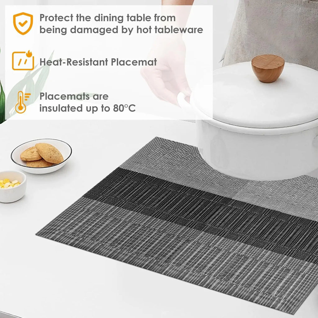 Close-up of woven vinyl placemat showing heat resistance and table protection for dining