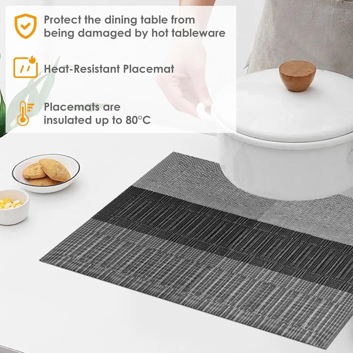 Close-up of woven vinyl placemat showing heat resistance and table protection for dining