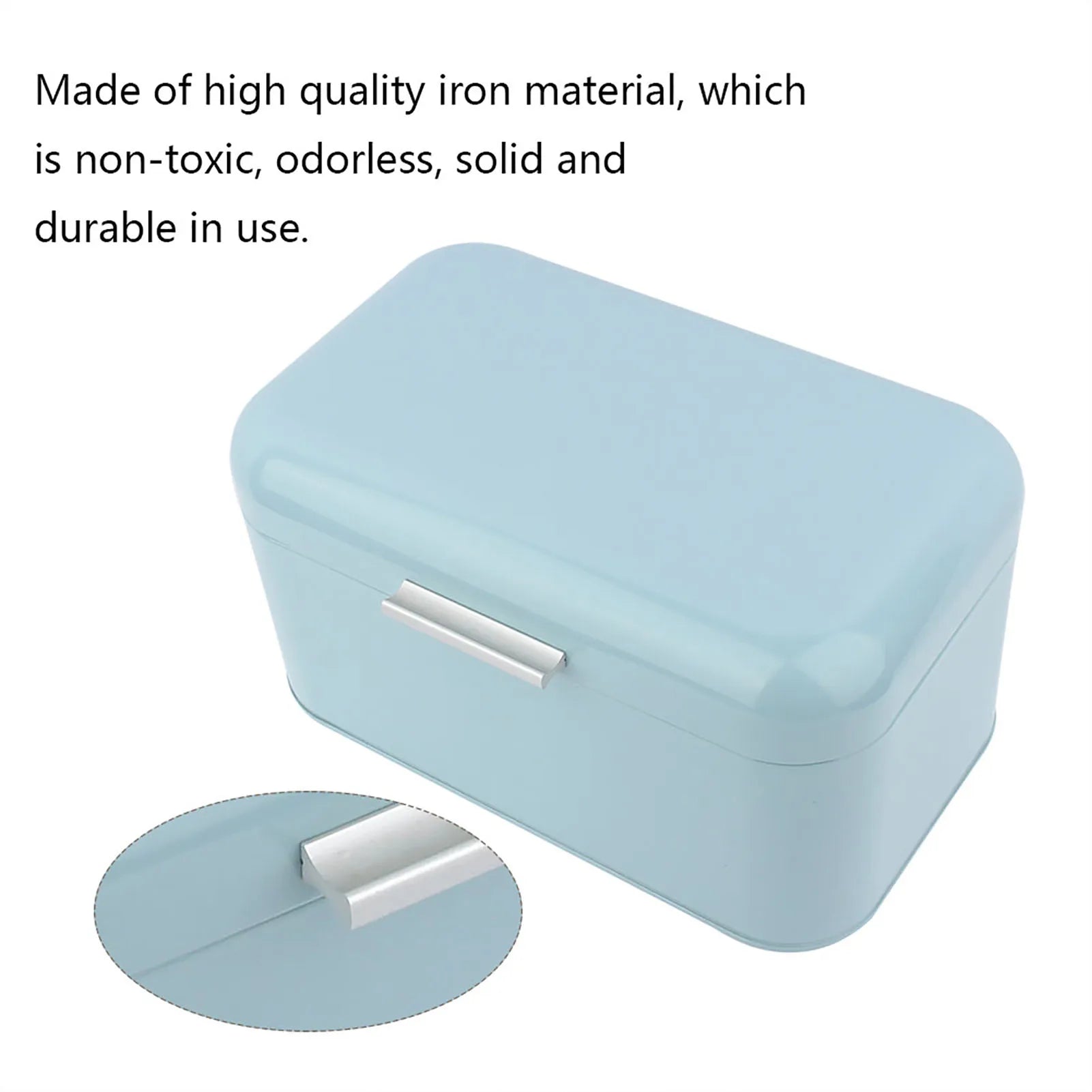 Close-up of light blue metal bread box highlighting iron material and handle