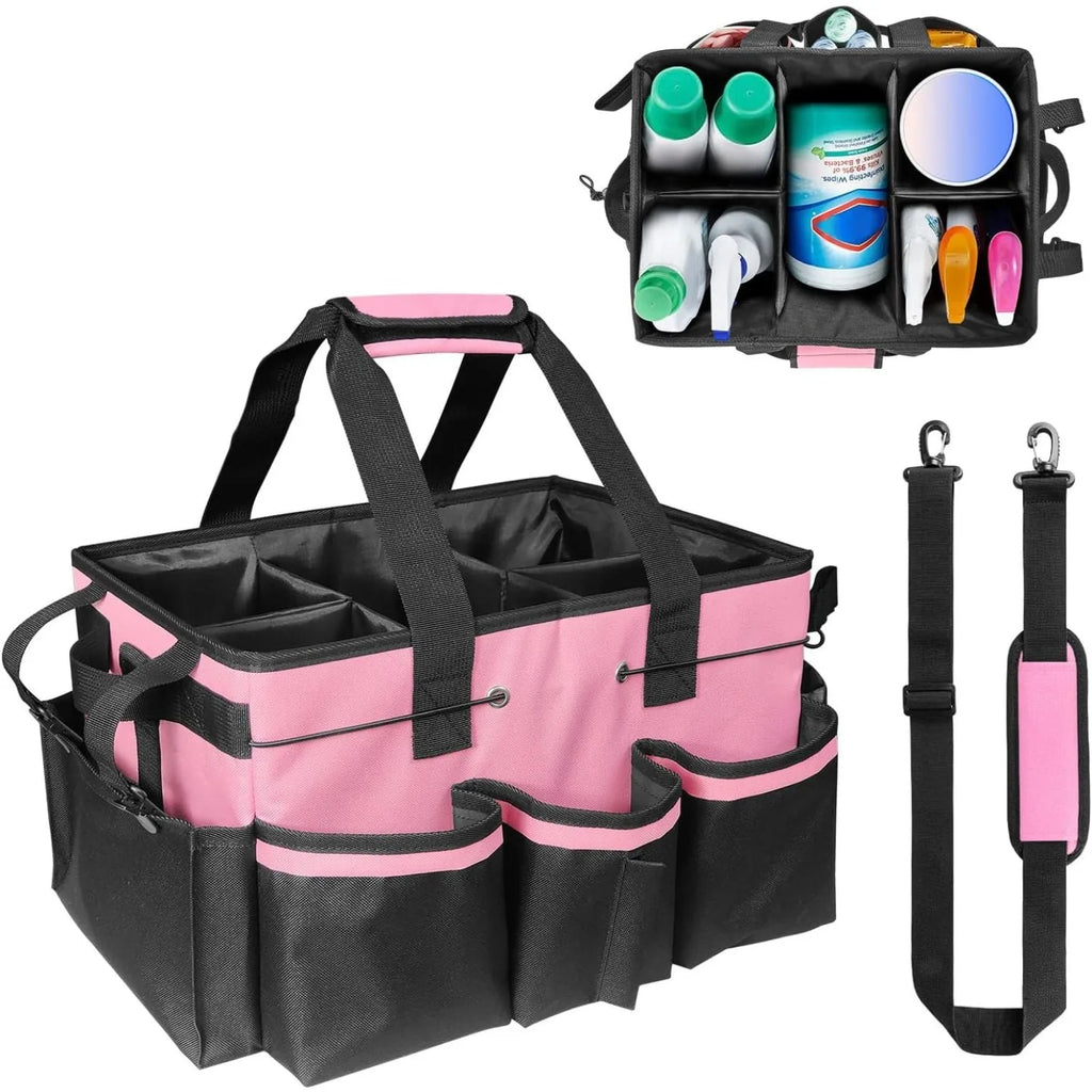 Large pink and black oxford cloth cleaning caddy bag with handle, adjustable dividers, exterior pockets, and detachable shoulder strap