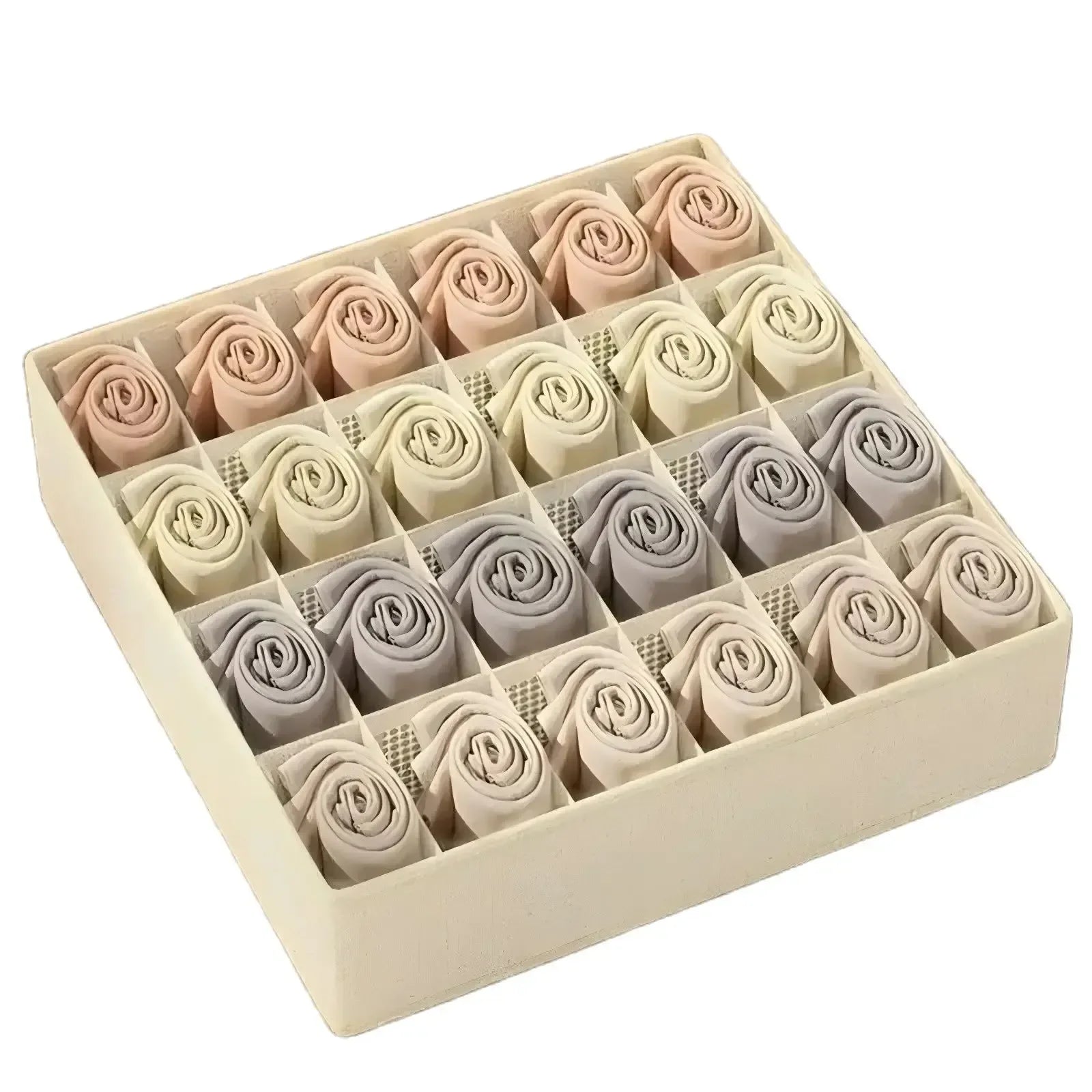Khaki fabric drawer organizer filled with rolled underwear in individual grid compartments