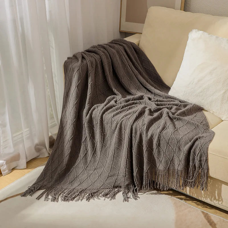 Nordic Knit Acrylic Throw Blanket with Tassels for Bed, Sofa, and Cozy Winter Decor