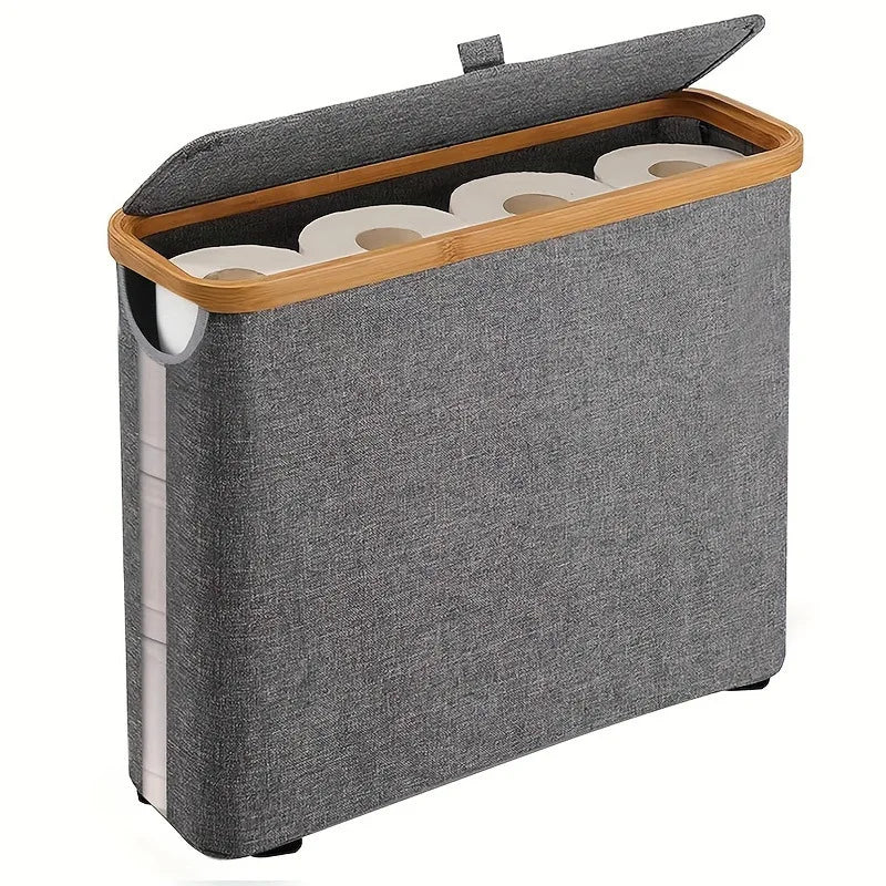 Slim Foldable Bathroom Storage Bin with Lid, Bamboo Frame & Fabric Sides – Holds 12 Toilet Paper Rolls or Laundry in Black, Light Grey