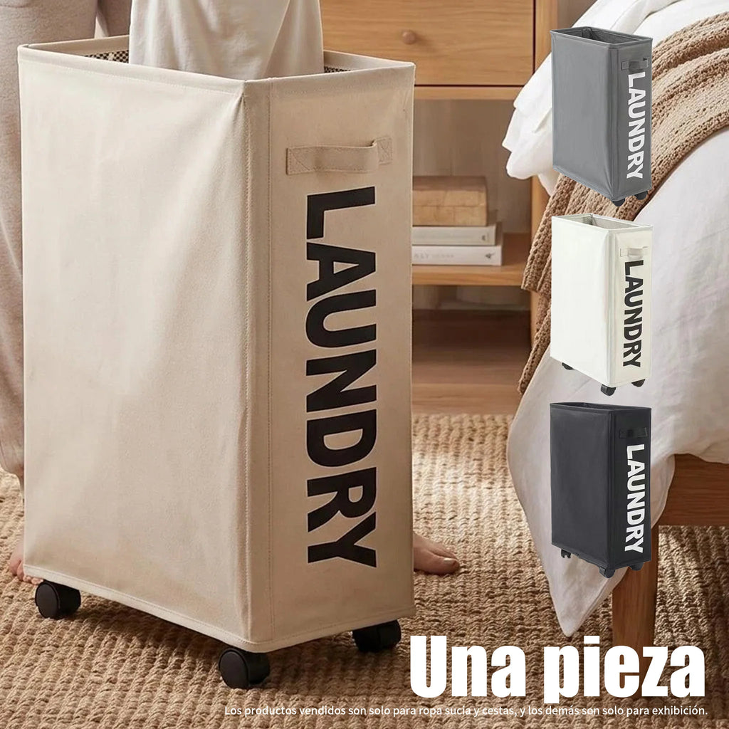 Slim rolling laundry hamper in beige fabric with LAUNDRY text and color options in gray, black, and white