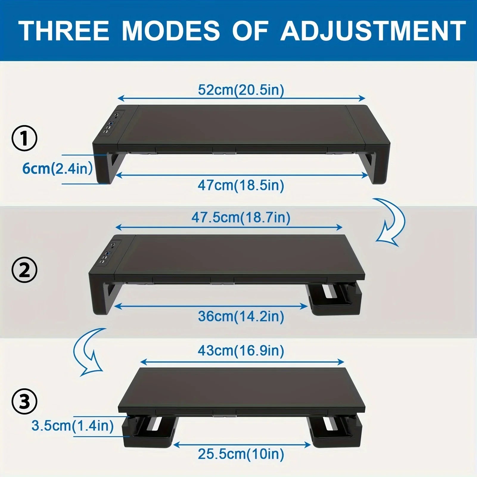 Diagram showing three height adjustment modes for the monitor riser with dimensions