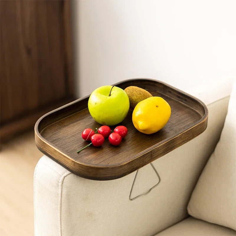 Bamboo Clip-On Sofa Armrest Tray Table for Living Room Drinks & Snacks, Round or Square, Walnut or Natural Finish