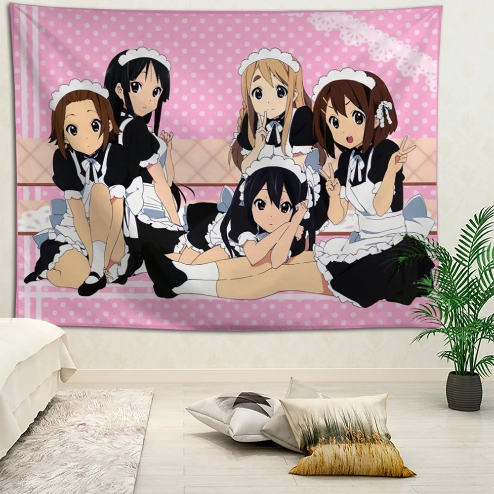 K-ON anime wall tapestry with cartoon characters on pink polka dot background decorating a bedroom wall