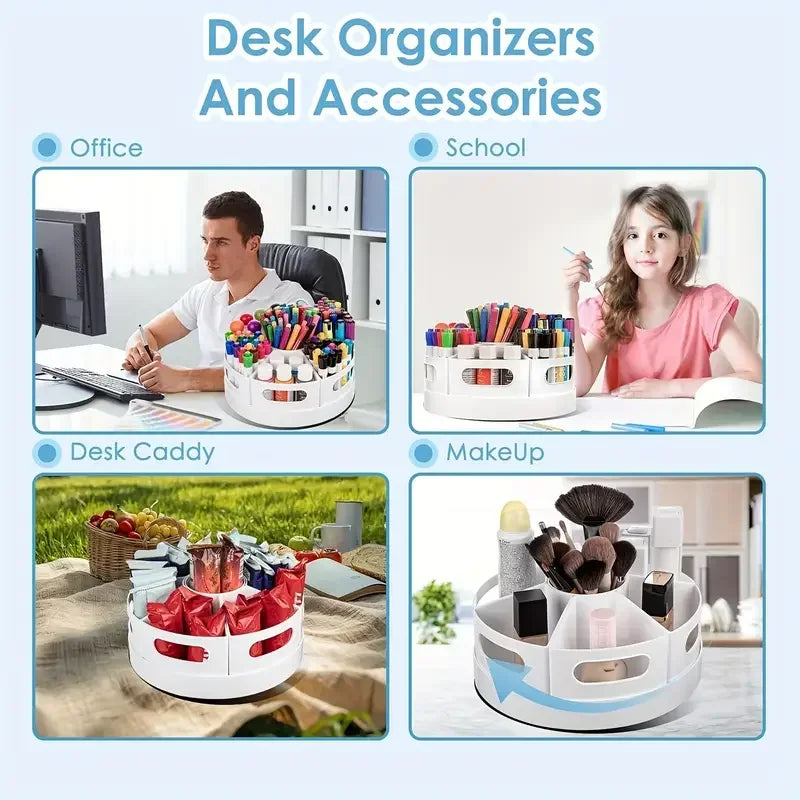 rotating desk organizer being used in different settings: home office, student desk, outdoor caddy, and makeup organizer