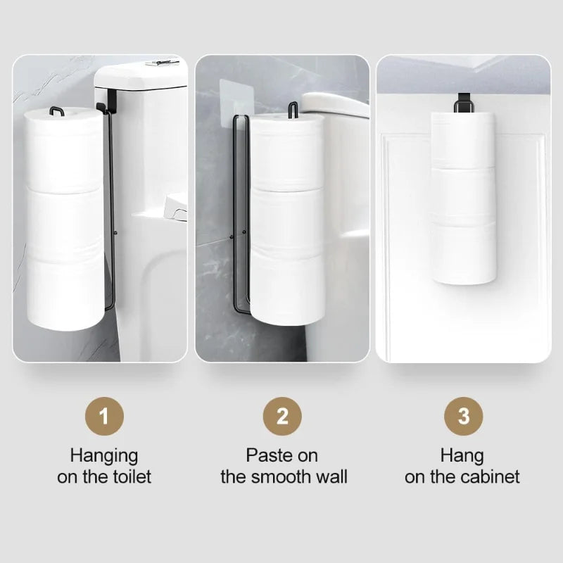 Three ways to use the holder: hanging on the tank, wall-mounted with adhesive, or hanging on a cabinet door