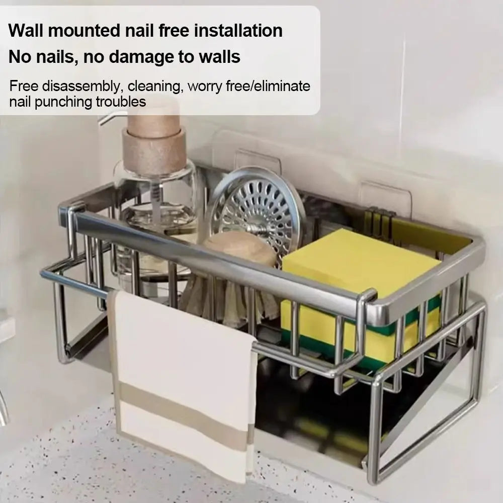 stainless steel kitchen sink rack wall mounted option with sponges, brush, soap dispenser and dishcloth, no nails needed for installation