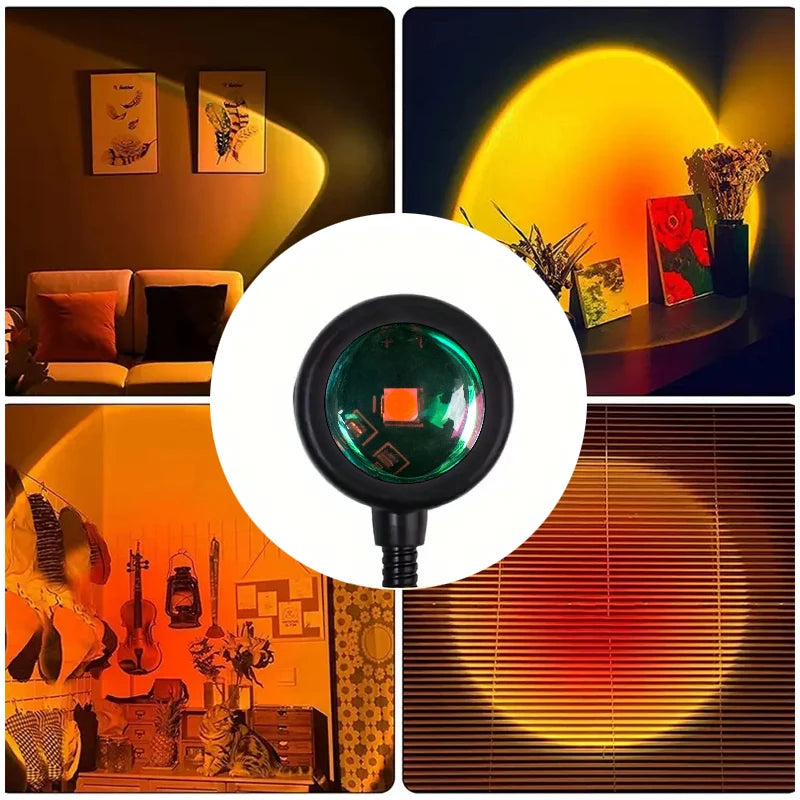collage of sunset projection lamp lens and golden hour light effect in different room settings