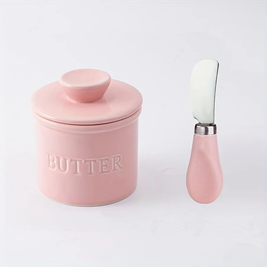 Elise Pink Ceramic French Butter Crock with Lid & Butter Knife for Kitchen Counter