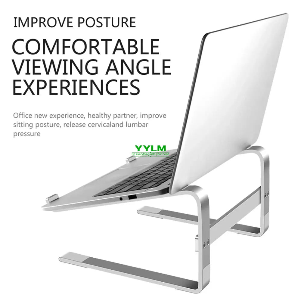 Angled view of aluminum laptop riser holding a laptop for ergonomic posture