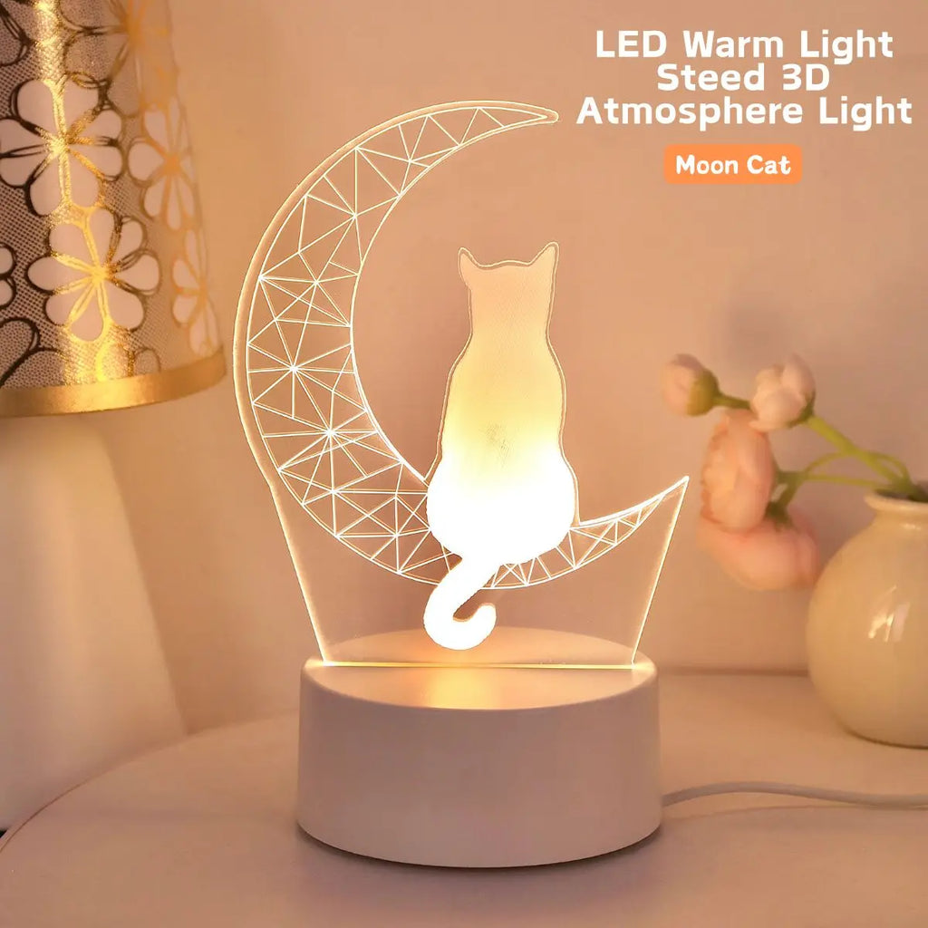 Moon cat 3D night light glowing on a bedside table with floral accents