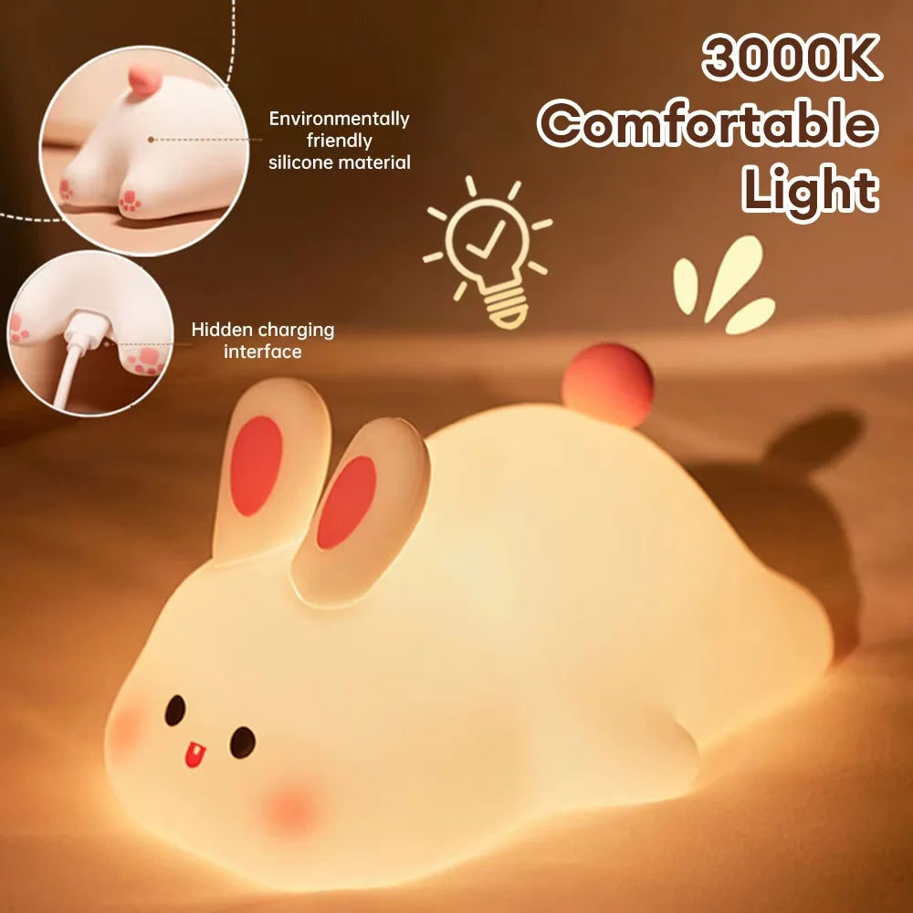 Silicone bunny night light glowing on a surface with close-up of silicone material and USB charging port