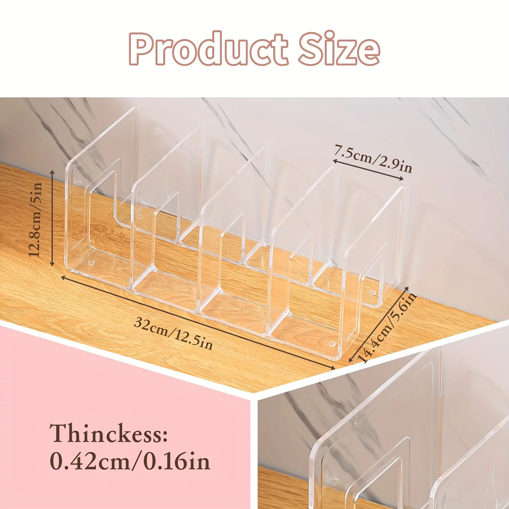 Clear closet shelf divider shown with detailed measurements and thickness in inches and centimeters