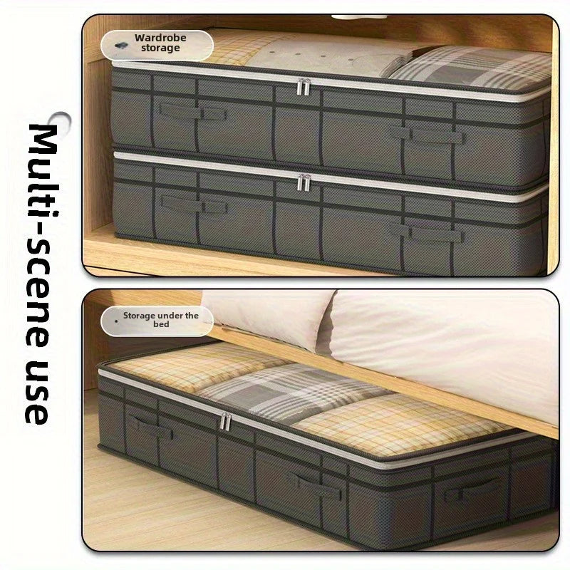 Two under-bed storage bins stacked inside a wardrobe and under a bed for multi-scene use