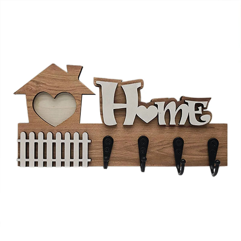 wooden wall key rack with white house and picket fence design, 4 hooks