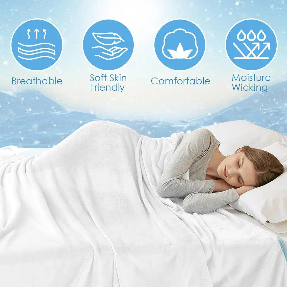 Woman resting under a soft white flannel blanket, illustrating the blanket’s breathable and comfortable qualities