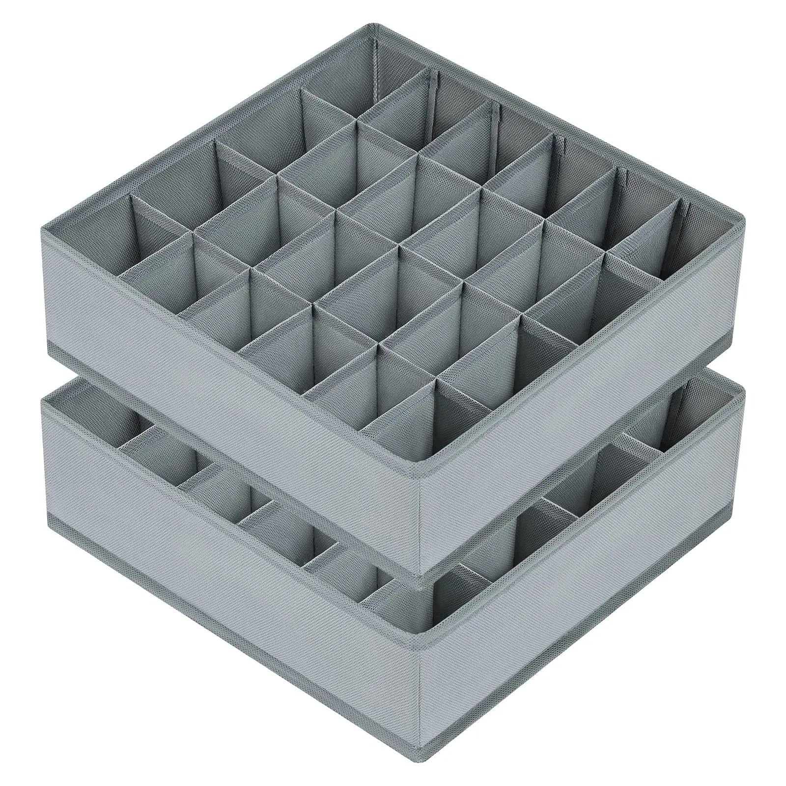 Two stacked grey drawer organizers with individual divided cells for socks or underwear