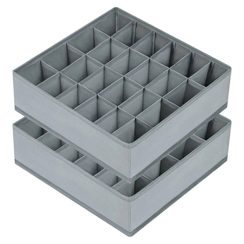 Two stacked grey drawer organizers with individual divided cells for socks or underwear
