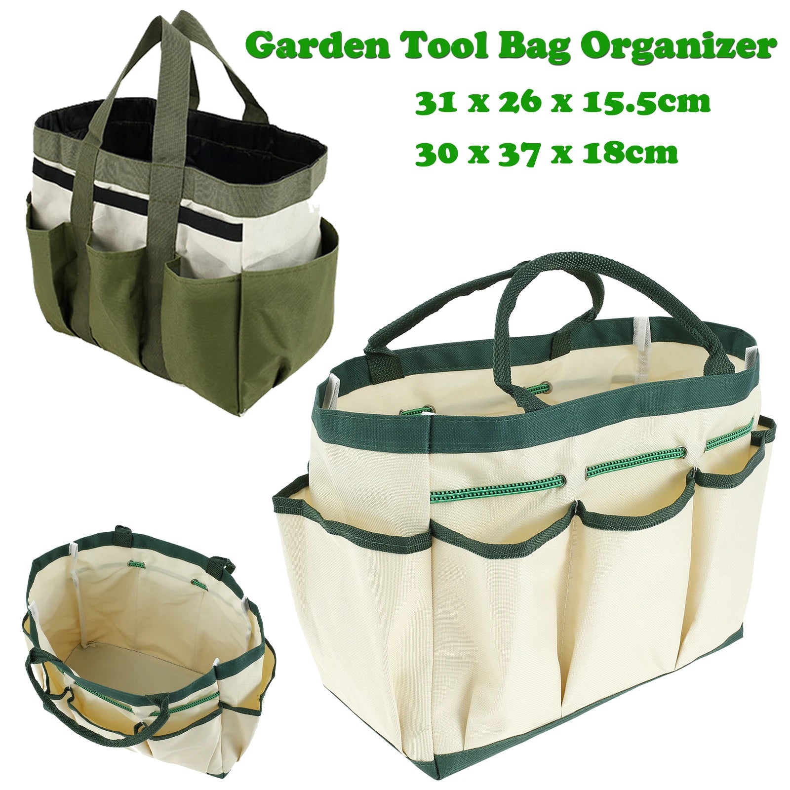 Two-tone green and cream garden tool bag organizer with eight outer pockets and carry handles, shown in both available sizes.
