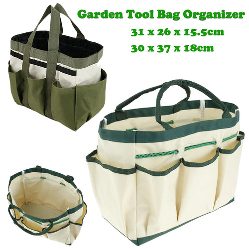Two-tone green and cream garden tool bag organizer with eight outer pockets and carry handles, shown in both available sizes.