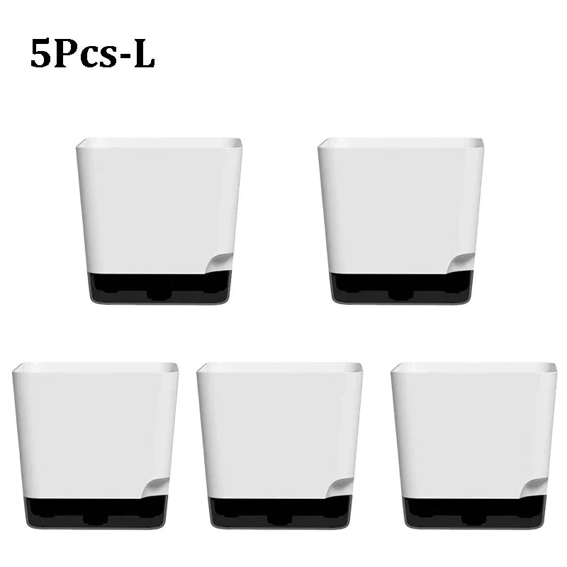 Set of 5 Square Self Watering Indoor & Outdoor Planters with Clear Reservoir – White Plastic Pots for Succulents and Small Houseplants