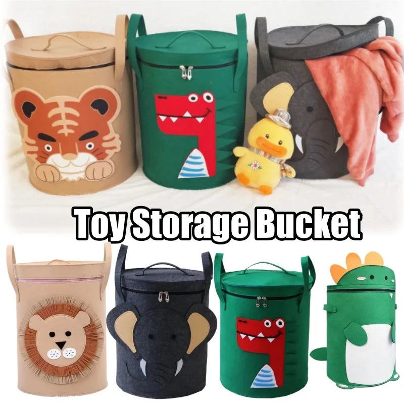 Assorted cartoon animal felt toy storage bins with lids for kids' rooms