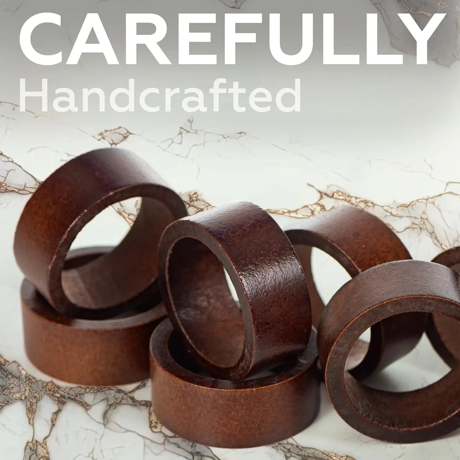 Stacked wood napkin rings labeled as carefully handcrafted