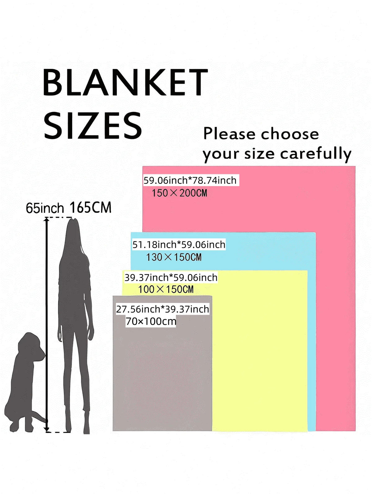 Blanket size chart showing large and small size options for red snowflake throw