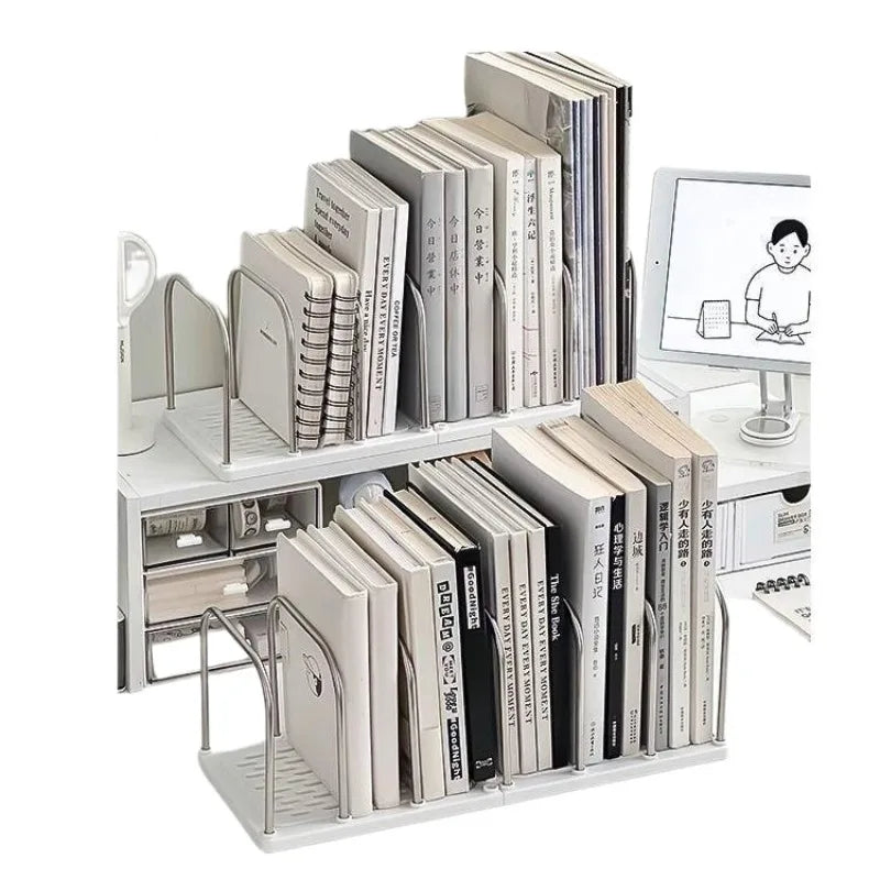 Stacked desk bookshelf organizers filled with books and notebooks on a modern workstation