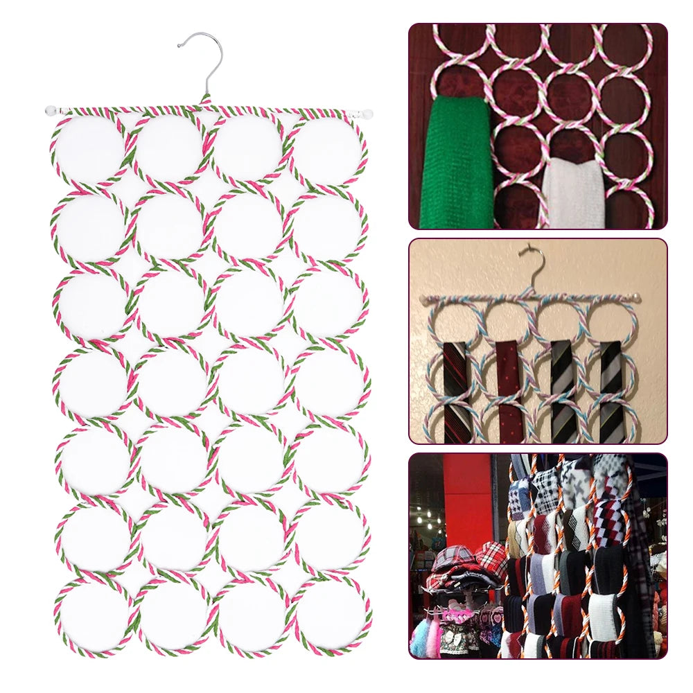 Foldable Rattan Scarf & Tie Organizer with 28 Hanging Rings