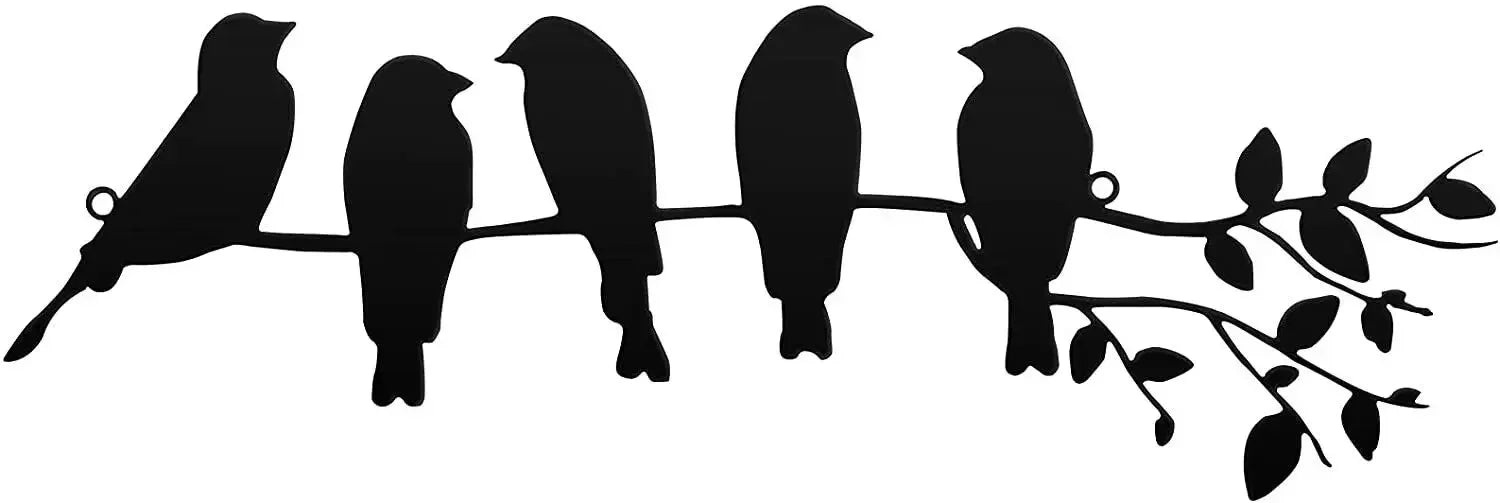 Silhouette of five birds on a leafy branch, black metal wall art against a white background.