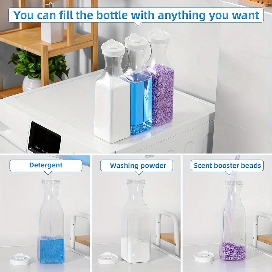 Top view of three laundry bottles filled with white powder, blue liquid, and purple scent beads; smaller images show the bottles being filled individually with detergent, washing powder, or scent booster beads