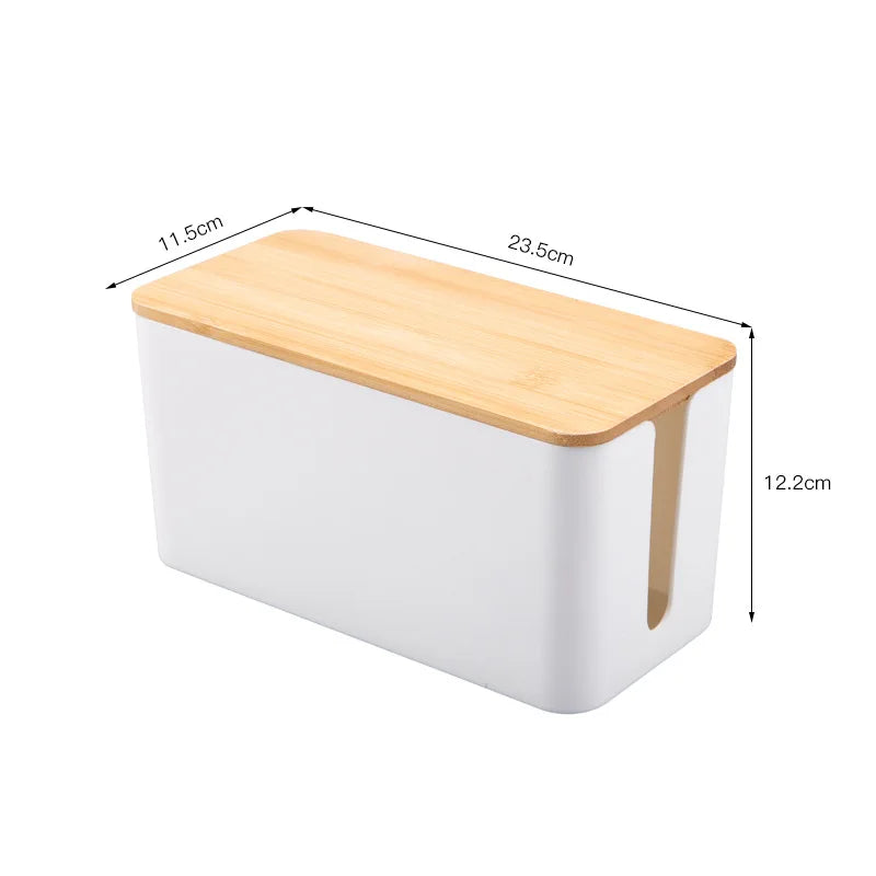 Bamboo Lid Cable Management Box for Desk & Nightstand Organization