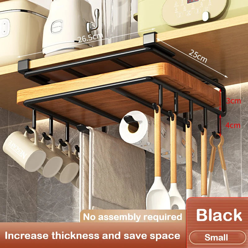 Under Cabinet Metal Organizer Rack with Hooks for Kitchen or Closet